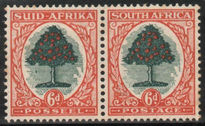 South Africa 1947-54 Definitive Screened Pictorial 6d pair mounted mint. SACC 118a. Cat R70 for umm