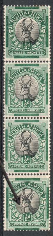 South Africa 1930-45 Roto Printing ½d coil strip of 4 (AA EE) lmm & umm. SACC 42c. Cat R275