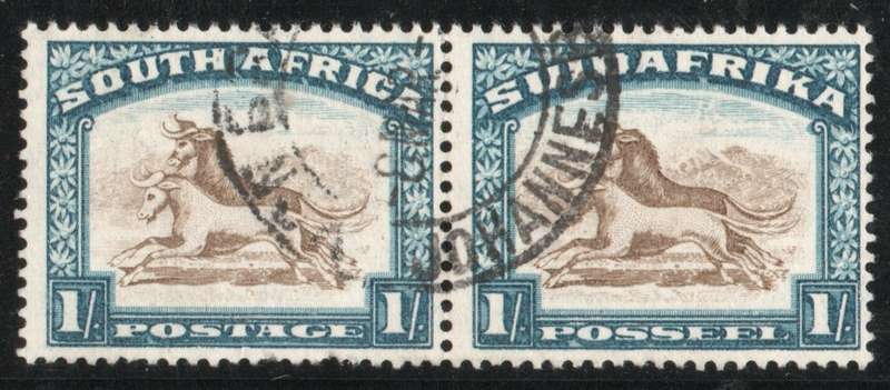 South Africa 1930-45 Defin 1/- pair brown & prussian blue inverted wmk vfu. SACC 49a Cat R200 (2025)
