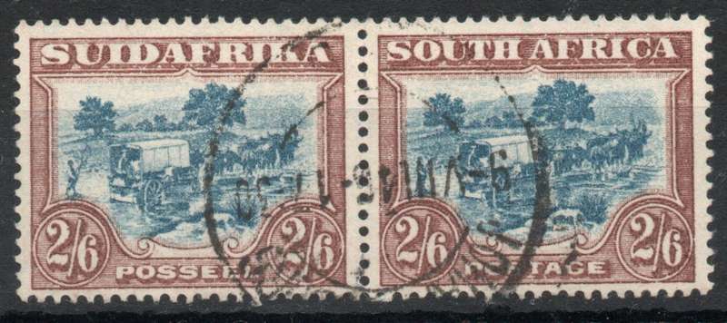 South Africa 1930-45 Definitive 2/6d pair blue & brown very fine used. SACC 50a. Cat R120 (2025)
