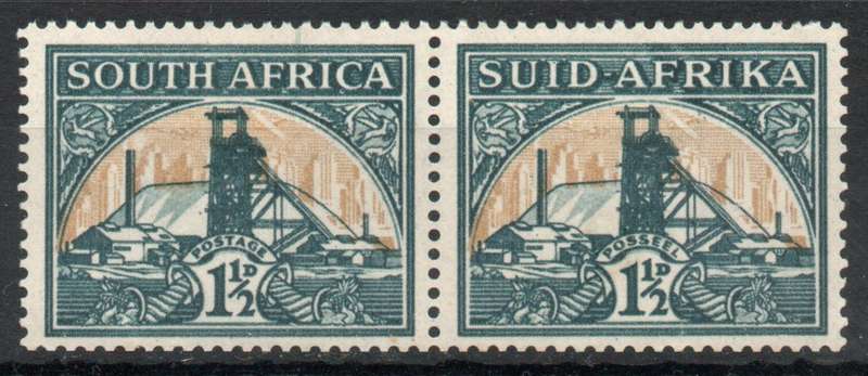 South Africa 1933-48 Definitive 1½d pair upright wmk umm gold shift down. SACC 57. Cat R150 (2025)