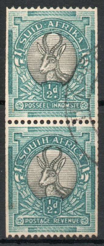 South Africa 1933-48 ½d pair coil stamps very fine used. SACC 55a. Cat R700 (2025)