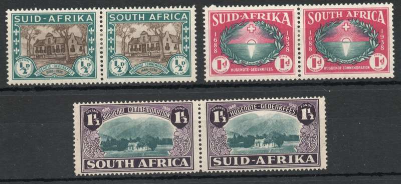 South Africa 1939 250th Anniv of Huguenot landing set of 3 pairs lmm. SACC 81-83. Cat R1100 (2025)