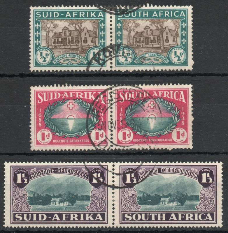 South Africa 1939 250th Anniv of Huguenot landing set of 3 pairs vfu. SACC 81-83. Cat R550 (2025)