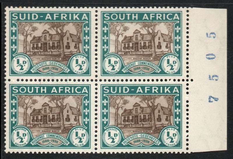 South Africa 1939 250th Anniv of Huguenot landing ½d sheet number block umm SACC 81. Cat R440 (2025)