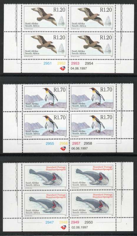 South Africa 1997 Additional Defin 3 stamps in control blocks of 4 umm SACC 1061-63. Cat R240 (2025)