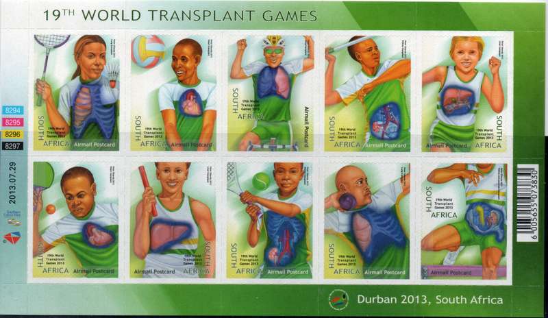 South Africa 2013 "19th World Transplant Games" sheet of 10 umm. SACC 2240. Cat R500 (2023-25)