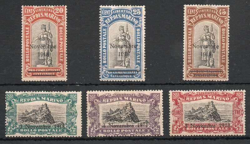 San Marino 1918 "Italian victory over Austria" set of 6 mounted mint. SG 67-72. Cat £55,60 (2013)