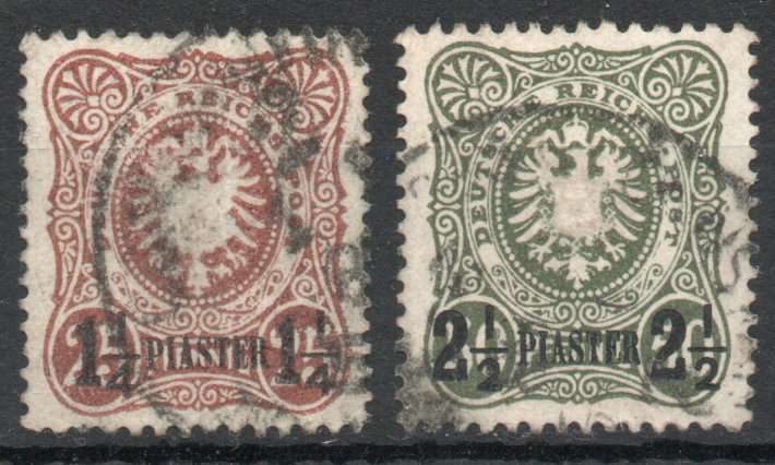 German Post Offices in Turkish Empire 1884 1¼pi on 25pf brown & 2½pi on 50pf green vfu. Cat £460