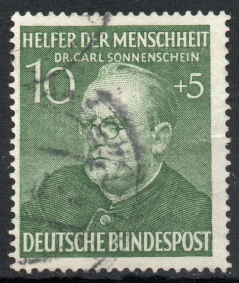 West Germany 1952 Humanitarian Relief Fund 10 + 5pf green very fine used. SG 1083. Cat £9,25 (2013)