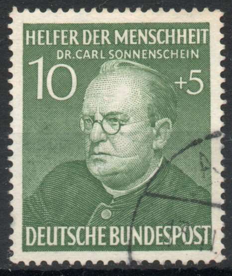 West Germany 1952 Humanitarian Relief Fund 10 + 5pf green very fine used. SG 1083. Cat £9,25 (2013)
