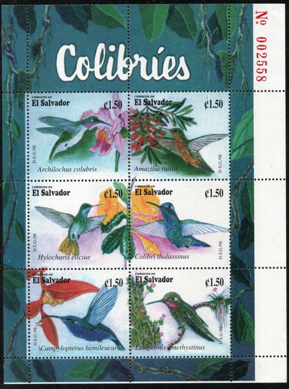 El Salvador 1998 Hummingbirds sheet of 6 unmounted mint. SG 2416-2421. Cat £4,80. (2013)