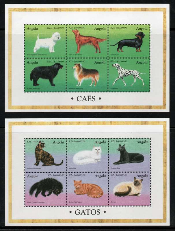 Angola 1998 Cats and Dogs 2 mini sheets of 6 each unmounted mint. SG 1296. Cat £12. (2013)