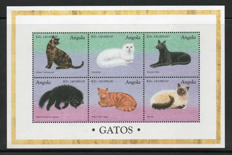 Angola 1998 Cats mini sheet of 6 unmounted mint. Part SG 1296. Cat £6. (2013)