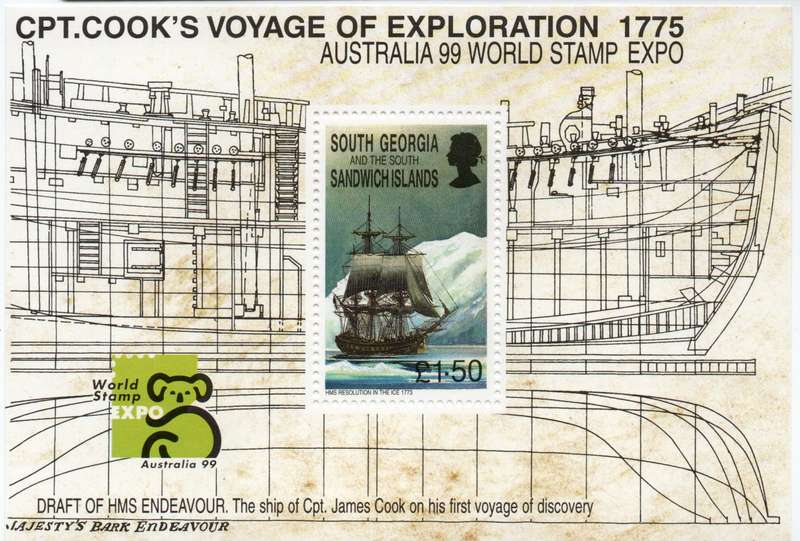South Georgia & South Sandwich Isl 1999 Sailing Ships Capt Cook mini sheet umm SG 288 Cat £17 (2013)