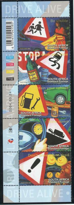South Africa 2004 `Drive Alive` set/strip of 5 unmounted mint. SACC 1605-1609. Cat R130 (2023-25)