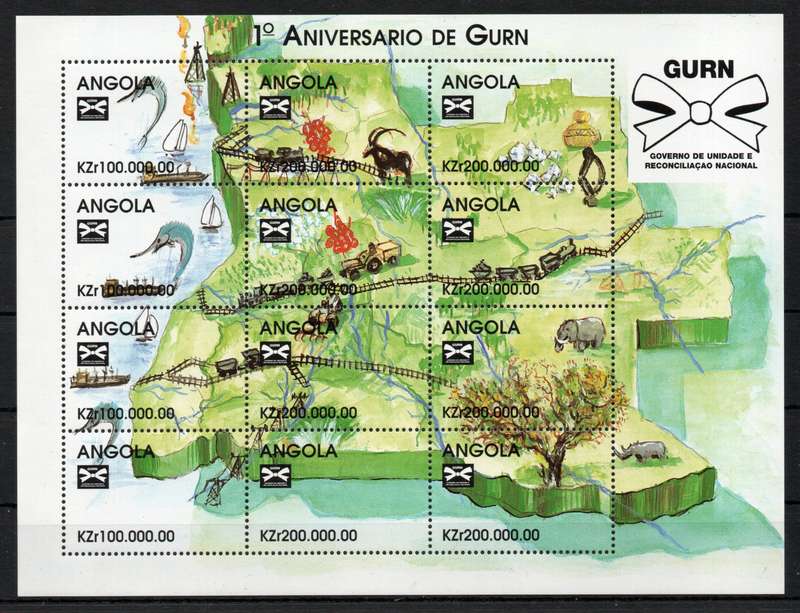 Angola 1998 First Anniversary of Government of Unity sheet of 12 umm. SG 1297-1308. Cat £30. (2013)