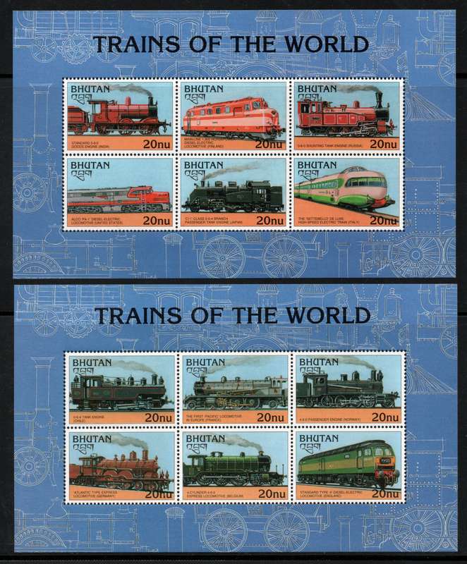 Bhutan 1996 Trains set of 12 in 2 sheets of 6 each unmounted mint. SG 1105-1116. Cat £12. (2013)