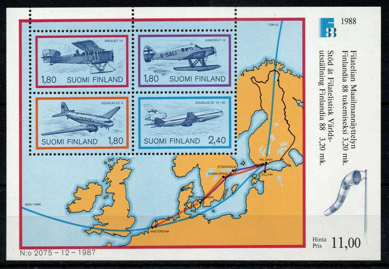 Finland 1988 Aircraft sheet of 4 unmounted mint. SG MS1152. Cat £10,50 (2013)