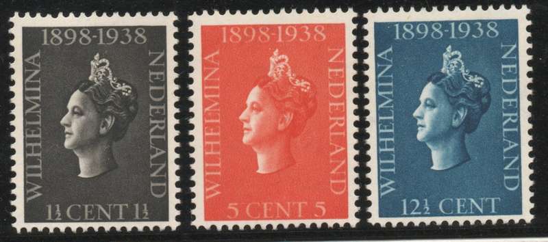 Netherlands 1938 "40th Anniversary of Coronation set of 3 mounted mint. SG 483-485. Cat £5,70 (2012)