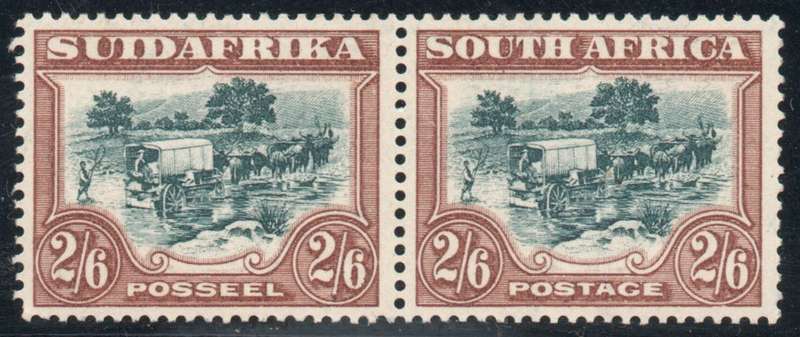 South Africa 1930-45 Defin 2/6d pair green & brown inverted wmk umm. SACC 50aa. Cat R14000 (2025)