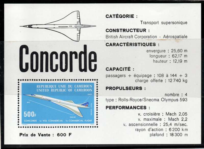 Cameroun 1976 Airplane Concorde first commercial flight mini sheet umm. SG 769. Cat £7,75. (2013)