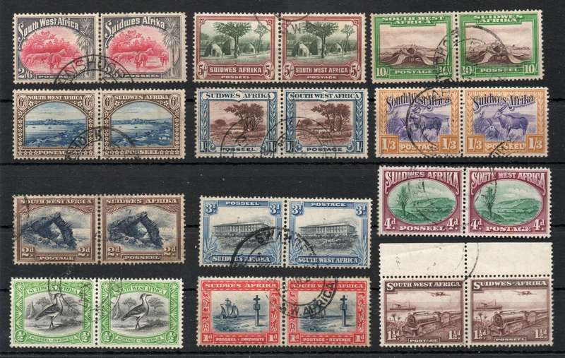 South West Africa 1931 Definitive short set of 12 pairs very fine used. SACC 103-114 & 123 Cat R2030