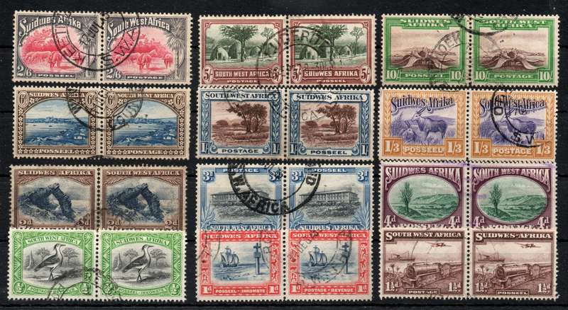 South West Africa 1931 Definitive short set of 12 pairs very fine used. SACC 103-114 & 123 Cat R2030