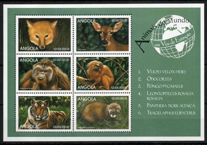 Angola 1999 Animals mini sheet of 6 unmounted mint. SG 1416-1421. Cat £9 (2013)