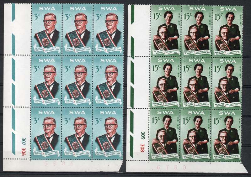 South West Africa 1968 Swart Com... set of 2 in control blocks of 9 umm. SACC 234-5. Cat R700 (2025)