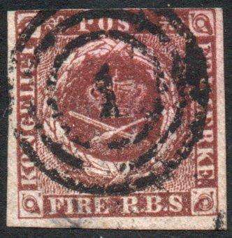Denmark 1851 Definitive 4r.b.s. brown imperf very fine used. SG 4. Cat £37 (2013)