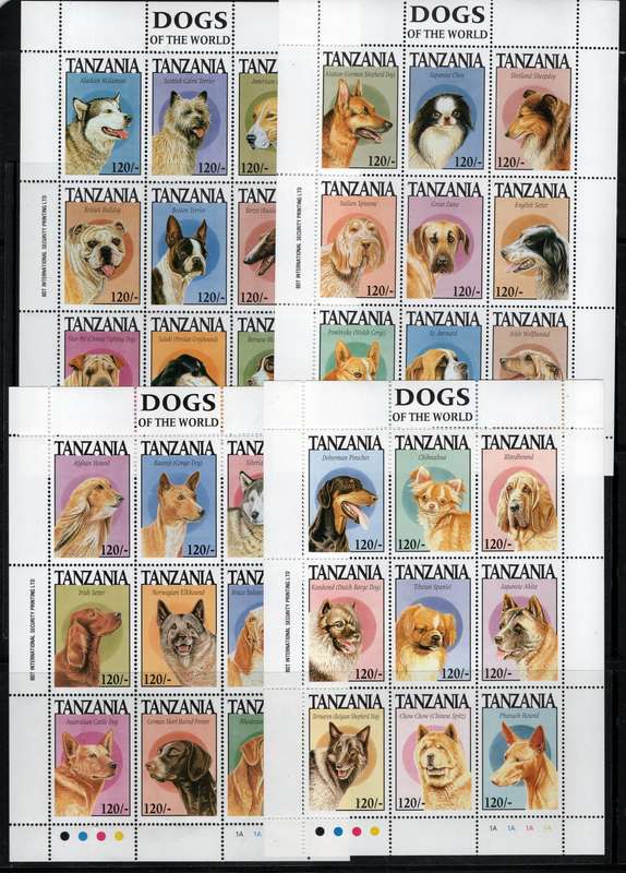 Tanzania 1994 Dogs of the world 36 stamps in 4 sheets of 9 umm. SG 1855-1890. Cat £20 (2013)