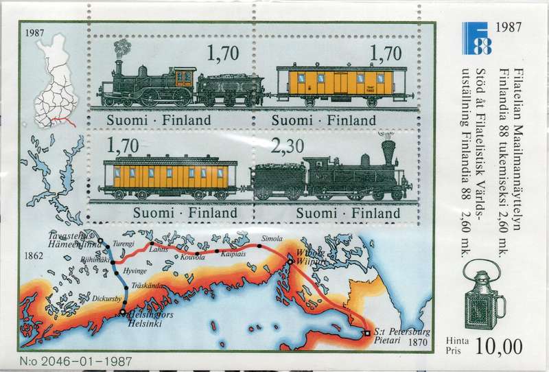 Finland 1987 Trains mini sheet of 4 unmounted mint. SG MS 1122. Cat £9 (2013)