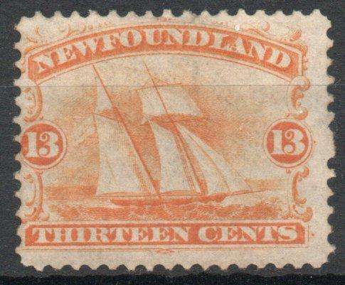 Newfoundland 1865-71 13c orange yellow fine mounted mint. SG 29. Cat £120 (2022)