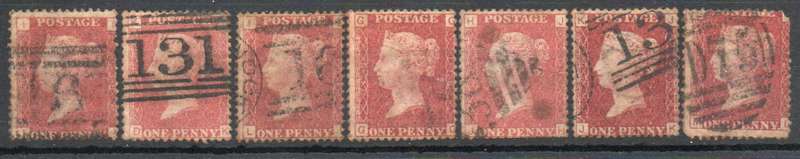 Great Britain 1864-79 QV 1d reds x 7 fine - very fine used. SG 43 & 44. Cat £20+ (2022)
