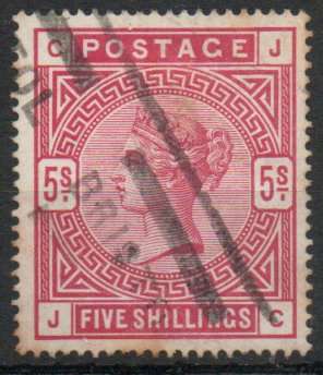 Great Britain 1883-84 Definitive 5/- rose (white paper) used. (stained back) SG 180. Cat £250 (2022)