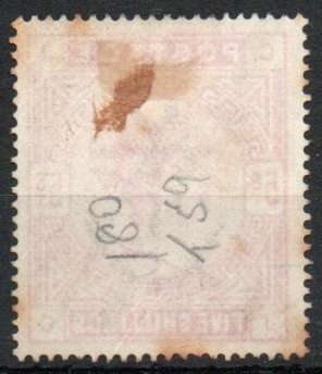 Great Britain 1883-84 Definitive 5/- rose (white paper) used. (stained back) SG 180. Cat £250 (2022)