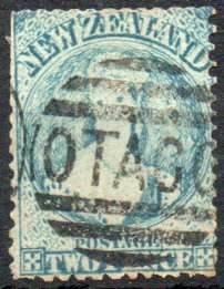 New Zealand 1864-71 2d blue watermark large star perf 12½ good used. SG 115. Cat £22 (2022)