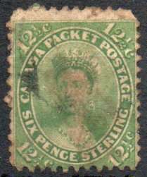 Colony of Canada 1859 12½c yellow-green used. SG 39. Cat£70 (2022)