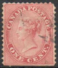 Colony of Canada 1859 1c pale rose used. SG 29. Cat £50 (2022)