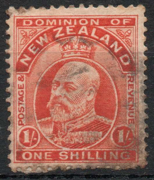 New Zealand 1909-12 1/-  perf 14 fine used unsoaked. SG 399. Cat £18 (2022)