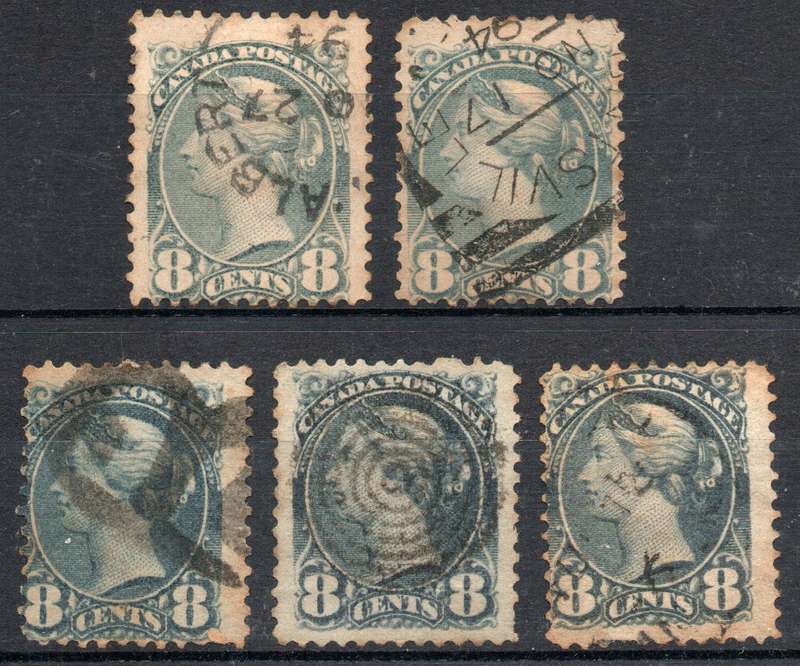 Canada 1893 QV 8c different shades fine - very fine used 5 stamps. SG 117-120. Cat £70 (2022)