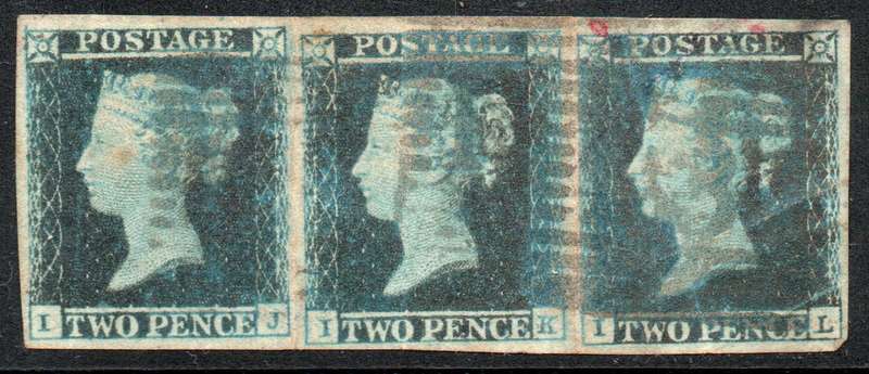 Great Britain 1841-51 QV 2d blue strip of 3 fine used. SG 14. Cat £270 (2022)