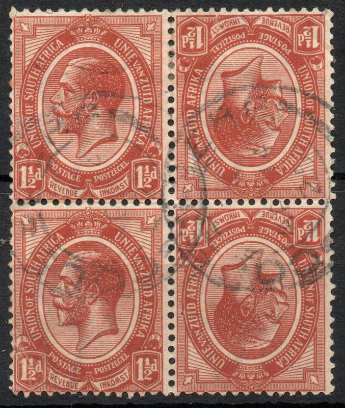 South Africa 1913 KGV 1½d tête-bêche block of 4 used. SACC 4b. Cat R900. (2023-25)