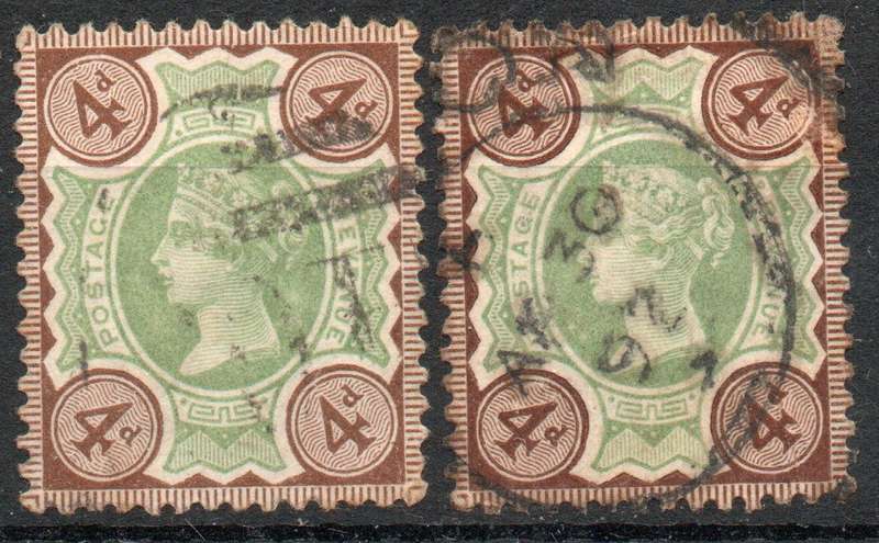 Great Britain 1887-92 Jubilee definitive 4d shades fine used.  SG 205 & 205a. Cat £36 (2022)