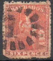 Barbados 1861-70 QEII 6d orange-red used. SG 30. Cat £32 (2022)
