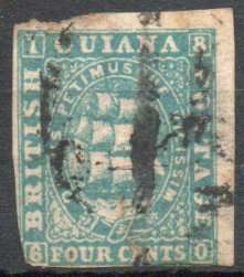 British Guiana 1862-65 4c blue imperf considered to be proof stamps. Fine used but tear. Rare.