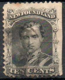 Newfoundland 1865-70 10c black fine used but cut right margin. SG 27. Cat £110 (2022)