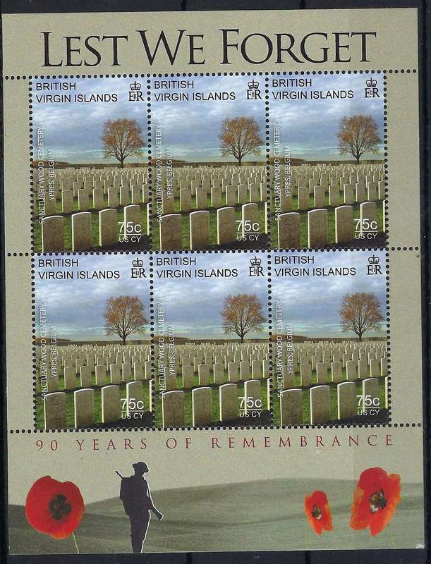 BRITISH VIRGIN ISLANDS 2008, 90th anniversary of end of WW1, SG1221,  block of 6, MM