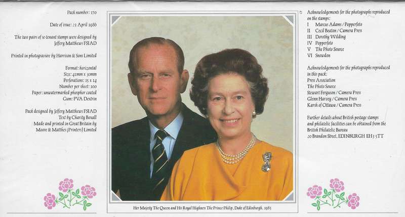 GREAT BRITAIN 1986, 17d,34d, presentation pack , SG 1316/9,  60th bday of the Queen,  CAT R 60